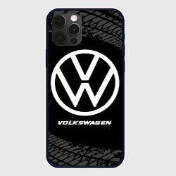 Чехол для iPhone 12 Pro Volkswagen speed на темном фоне со следами шин, цвет: 3D-черный