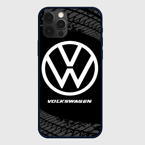 Чехол iPhone 12 Pro Volkswagen speed на темном фоне со следами шин / 3D-Черный – фото 1