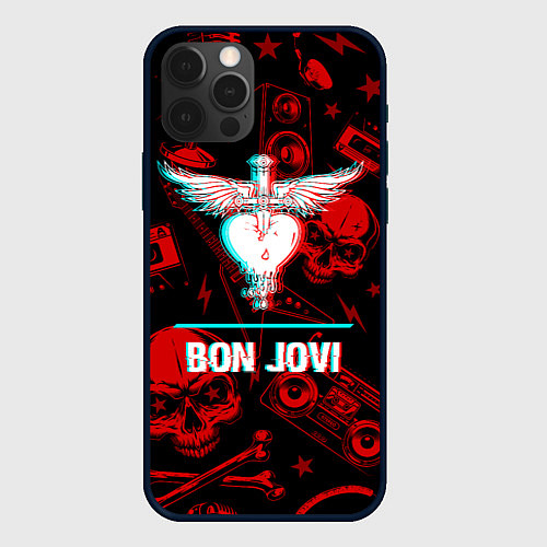Чехол iPhone 12 Pro Bon Jovi rock glitch / 3D-Черный – фото 1