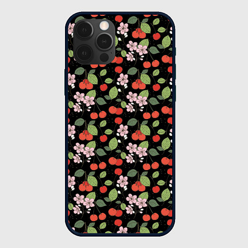 Чехол iPhone 12 Pro Паттерн цветы и вишня / 3D-Черный – фото 1