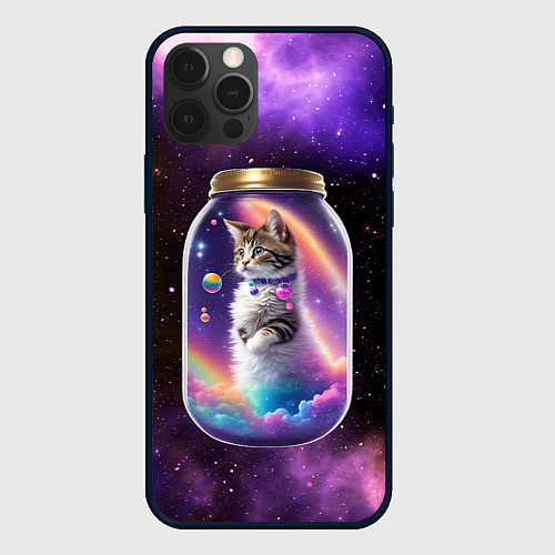 Чехол iPhone 12 Pro Котик в звездном небе / 3D-Черный – фото 1