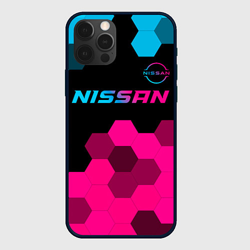 Чехол iPhone 12 Pro Nissan - neon gradient: символ сверху / 3D-Черный – фото 1