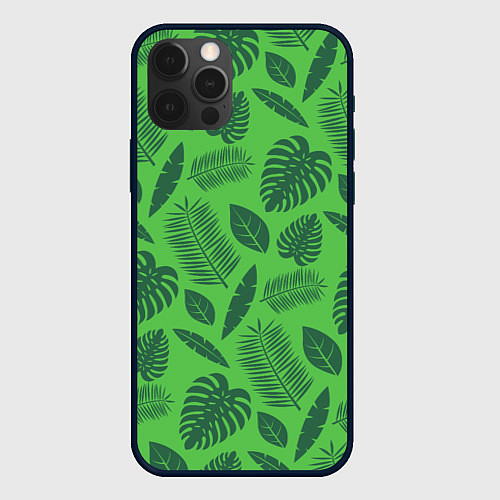 Чехол iPhone 12 Pro Зеленые листики / 3D-Черный – фото 1