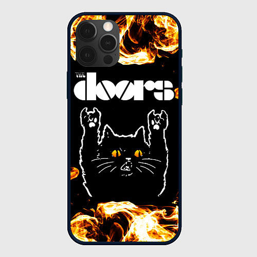 Чехол iPhone 12 Pro The Doors рок кот и огонь / 3D-Черный – фото 1