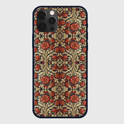 Чехол iPhone 12 Pro Красно-золотой узор под хохлому / 3D-Черный – фото 1