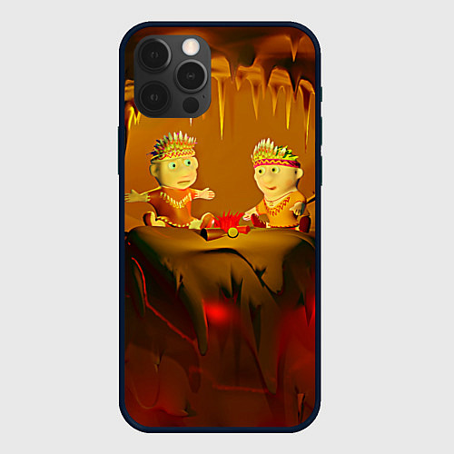 Чехол iPhone 12 Pro Два индейца у костра в пещере / 3D-Черный – фото 1