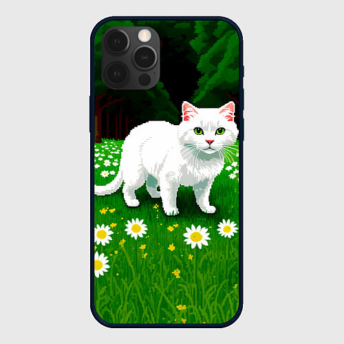 Чехол iPhone 12 Pro Белый кот на лугу пиксель арт / 3D-Черный – фото 1
