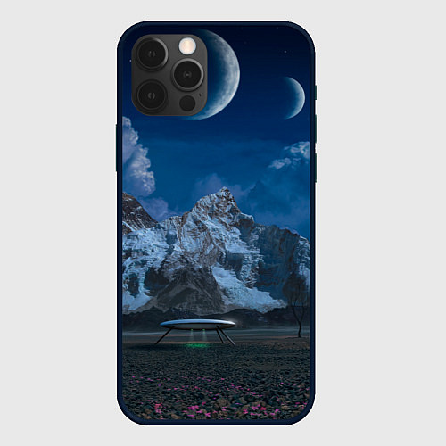 Чехол iPhone 12 Pro Ночные горы в природе и небо с нло / 3D-Черный – фото 1