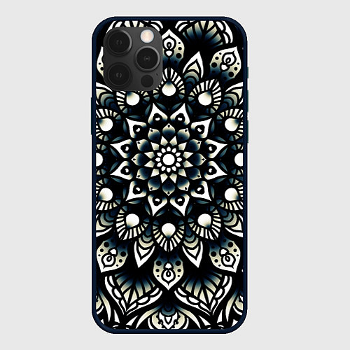 Чехол iPhone 12 Pro Мандала чёрно-белая / 3D-Черный – фото 1