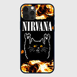 Чехол для iPhone 12 Pro Nirvana рок кот и огонь, цвет: 3D-черный