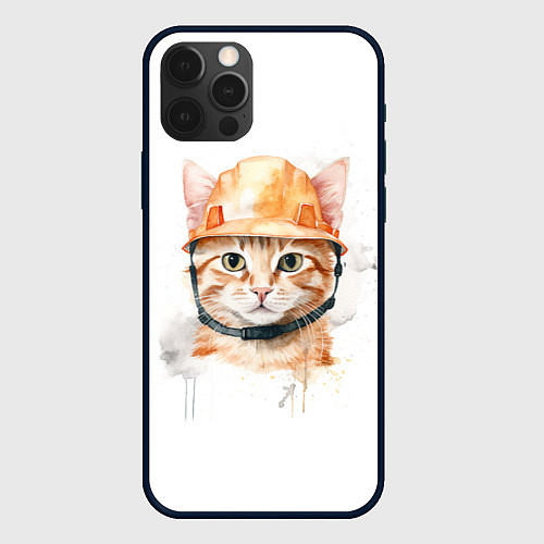 Чехол iPhone 12 Pro Акварельный кот в строительной каске / 3D-Черный – фото 1