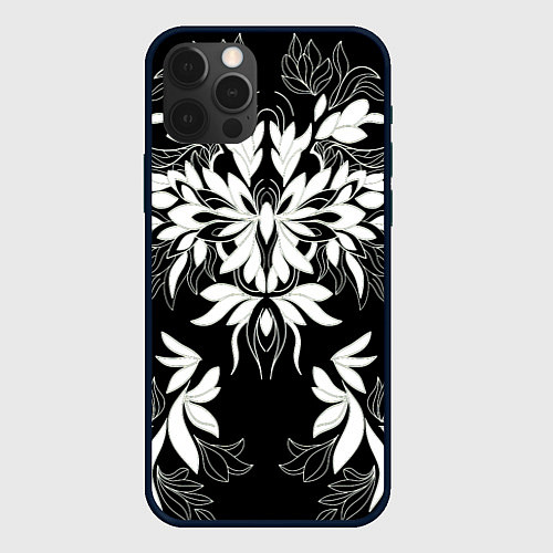 Чехол iPhone 12 Pro Цветы орнамент чб / 3D-Черный – фото 1
