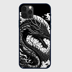 Чехол для iPhone 12 Pro Черно-белый дракон и волны, цвет: 3D-черный