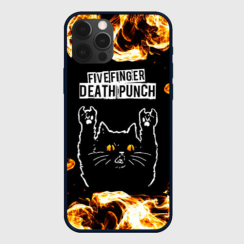 Чехол iPhone 12 Pro Five Finger Death Punch рок кот и огонь / 3D-Черный – фото 1