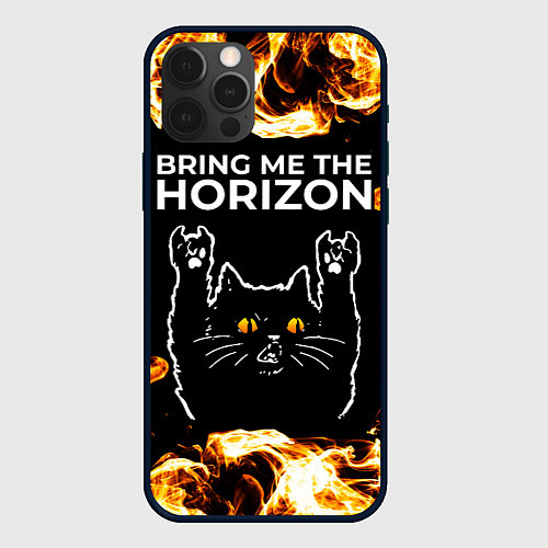 Чехол iPhone 12 Pro Bring Me the Horizon рок кот и огонь / 3D-Черный – фото 1