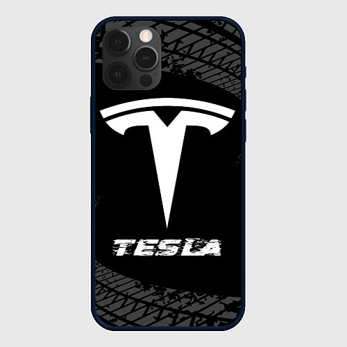 Чехол iPhone 12 Pro Tesla speed на темном фоне со следами шин / 3D-Черный – фото 1