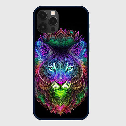 Чехол iPhone 12 Pro Разноцветный неоновый лев / 3D-Черный – фото 1