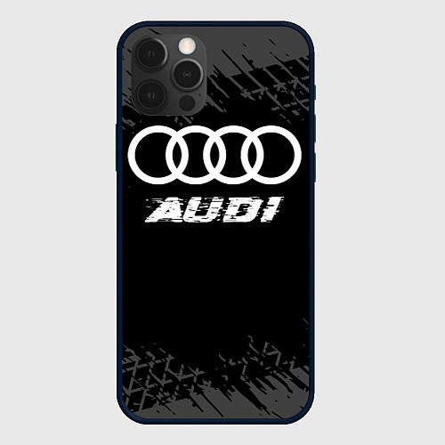 Чехол iPhone 12 Pro Audi speed на темном фоне со следами шин / 3D-Черный – фото 1