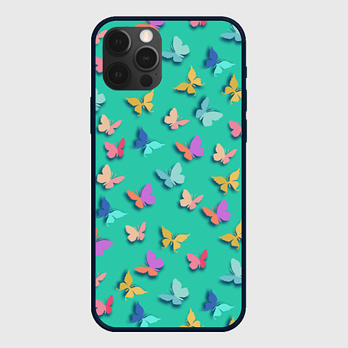 Чехол iPhone 12 Pro Разноцветные бабочки / 3D-Черный – фото 1