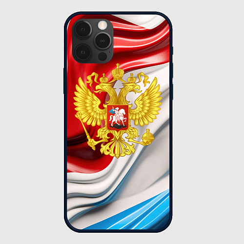 Чехол iPhone 12 Pro Герб России на фоне флага / 3D-Черный – фото 1