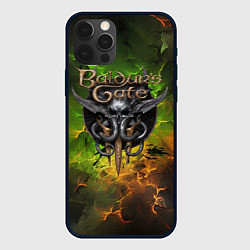 Чехол iPhone 12 Pro Baldurs Gate 3 logo dark green fire