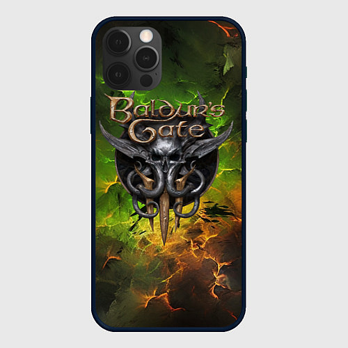 Чехол iPhone 12 Pro Baldurs Gate 3 logo dark green fire / 3D-Черный – фото 1