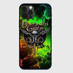 Чехол для iPhone 12 Pro Baldurs Gate 3 logo dark red green fire, цвет: 3D-черный