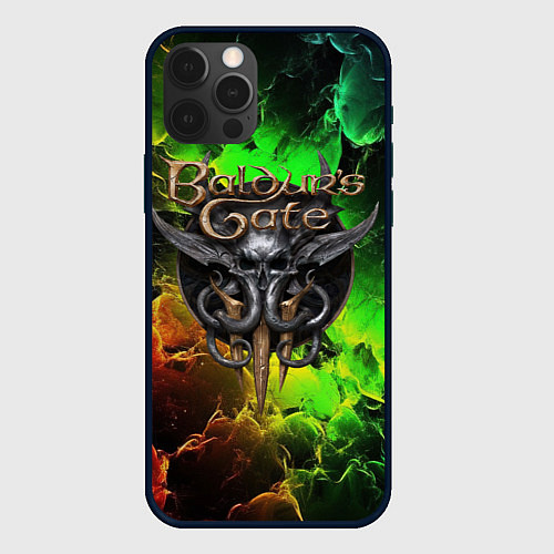 Чехол iPhone 12 Pro Baldurs Gate 3 logo dark red green fire / 3D-Черный – фото 1