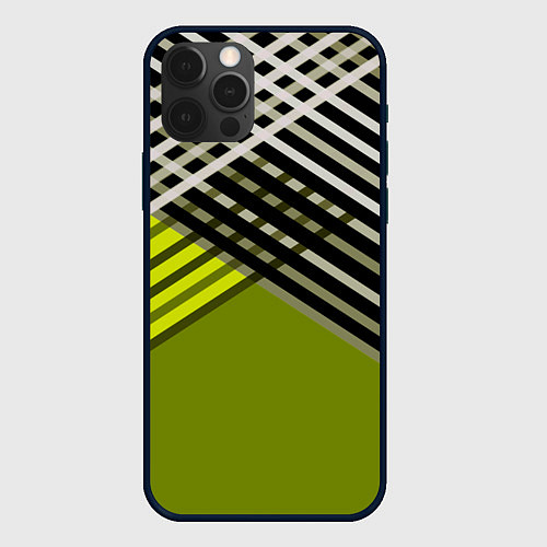 Чехол iPhone 12 Pro Косые черно-белые полосы на оливковом фоне / 3D-Черный – фото 1