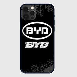 Чехол iPhone 12 Pro BYD speed на темном фоне со следами шин