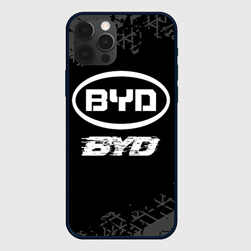 Чехол iPhone 12 Pro BYD speed на темном фоне со следами шин / 3D-Черный – фото 1