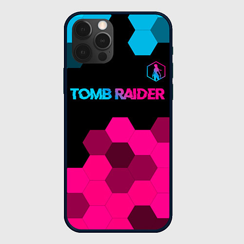 Чехол iPhone 12 Pro Tomb Raider - neon gradient: символ сверху / 3D-Черный – фото 1