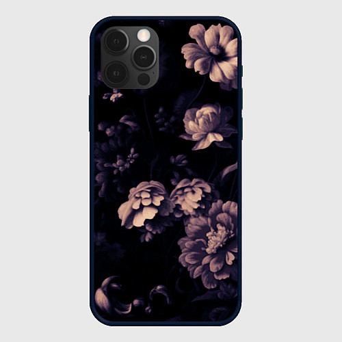 Чехол iPhone 12 Pro Цветы приглушенный чёрный / 3D-Черный – фото 1