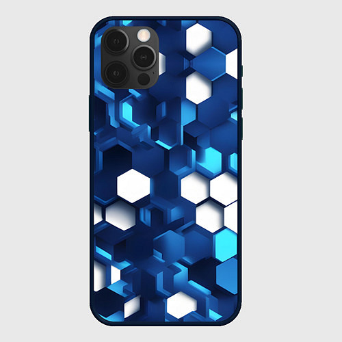 Чехол iPhone 12 Pro Cyber hexagon Blue / 3D-Черный – фото 1