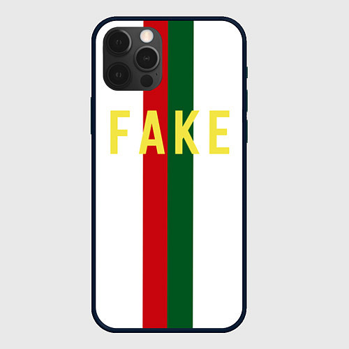 Чехол iPhone 12 Pro Зелёная и красная полосы с надписью Fake / 3D-Черный – фото 1