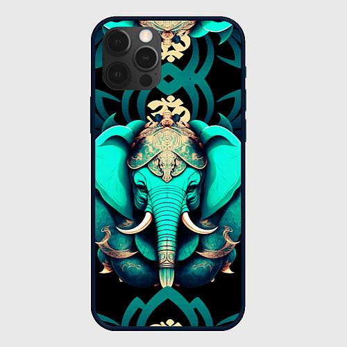 Чехол iPhone 12 Pro Бирюзовый слон с узорами и лотосом / 3D-Черный – фото 1