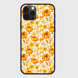 Чехол для iPhone 12 Pro Тыквы и осенние цветы - паттерн, цвет: 3D-черный