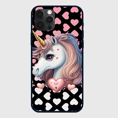 Чехол iPhone 12 Pro Розовый единорог с сердечками / 3D-Черный – фото 1
