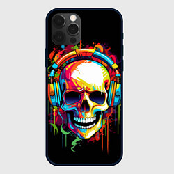 Чехол для iPhone 12 Pro Яркий череп в наушниках нарисованный красками, цвет: 3D-черный