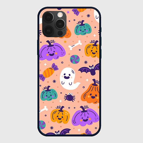 Чехол iPhone 12 Pro Halloween - pumpkins and ghosts / 3D-Черный – фото 1