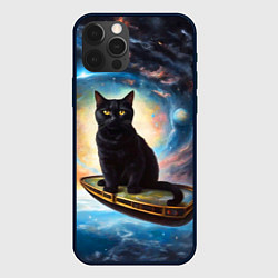 Чехол iPhone 12 Pro Черный кот на космическом корабле летящий в космос