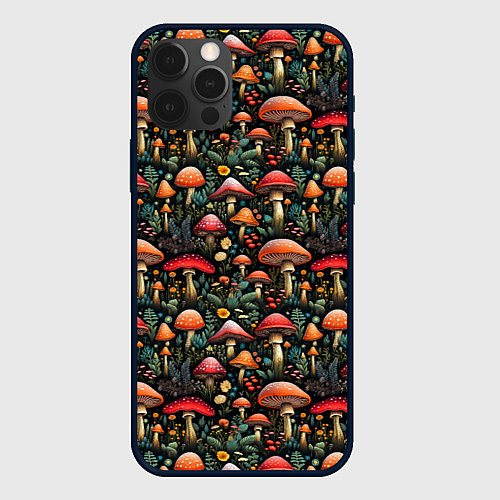 Чехол iPhone 12 Pro Сказочные грибы мухоморы паттерн / 3D-Черный – фото 1