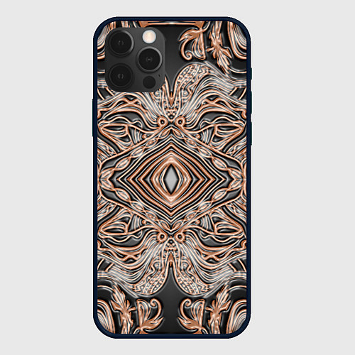 Чехол iPhone 12 Pro Выпуклая мандала на тиснённой коже / 3D-Черный – фото 1