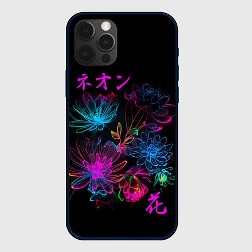 Чехол iPhone 12 Pro Неоновые цветы - японский стиль / 3D-Черный – фото 1