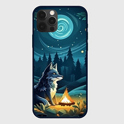 Чехол для iPhone 12 Pro Волк у костра в стиле фолк-арт, цвет: 3D-черный