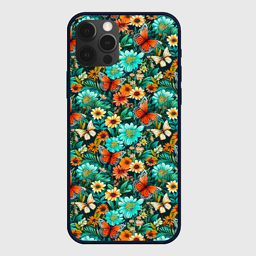 Чехол iPhone 12 Pro Бабочки в цветах паттерн / 3D-Черный – фото 1
