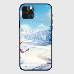 Чехол для iPhone 12 Pro Новогодний пейзаж снеговик, цвет: 3D-черный