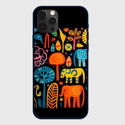 Чехол iPhone 12 Pro Африканский узор со слонами - нейросеть / 3D-Черный – фото 1