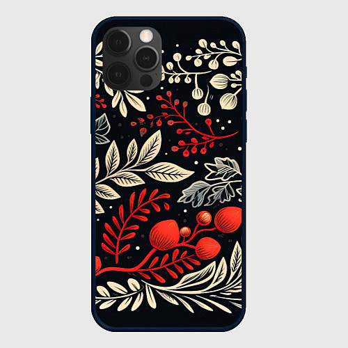 Чехол iPhone 12 Pro Новогодние узоры и рябина / 3D-Черный – фото 1