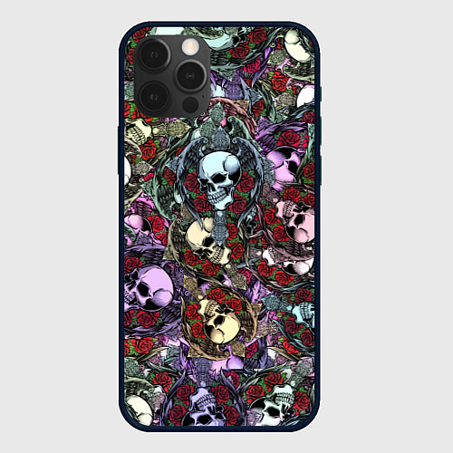Чехол iPhone 12 Pro Череп с крыльями паттерн / 3D-Черный – фото 1
